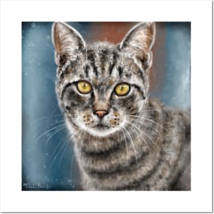 Contemporary Painting of a Gray Cat with Black Stripes and Yellow Eyes Posters and Art